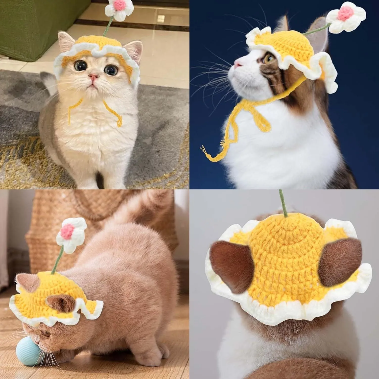 Green knitted cartoon cat hat on a pet mannequin head showing soft fabric and costume design.