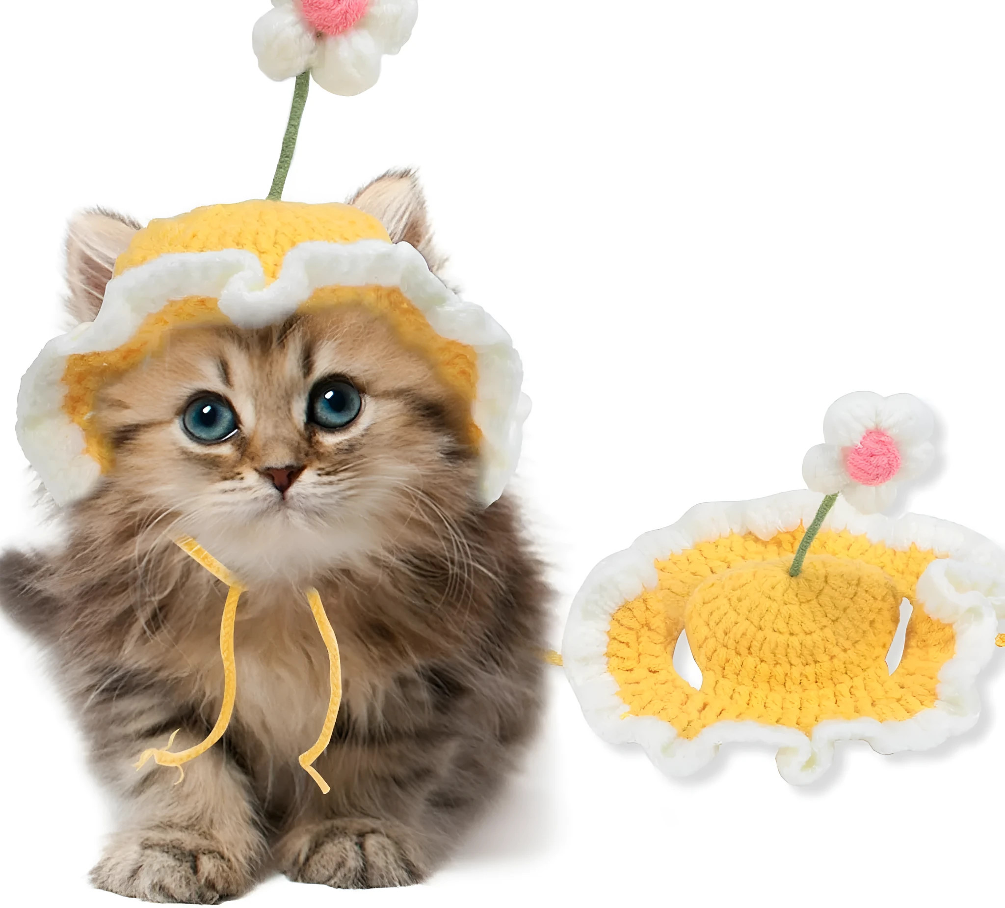 Green knitted cartoon cat hat on a pet mannequin head showing soft fabric and costume design.