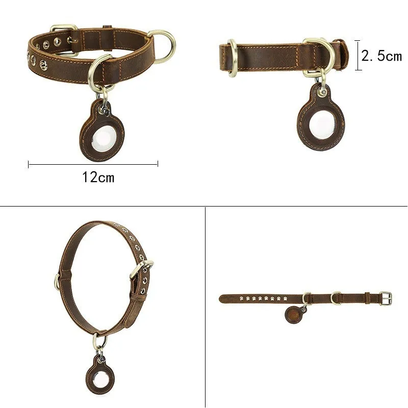 Brown retro style handmade genuine leather dog collar with halter positioning design