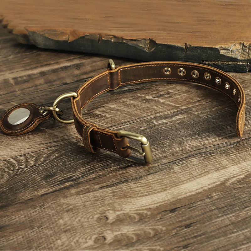 Brown retro style handmade genuine leather dog collar with halter positioning design