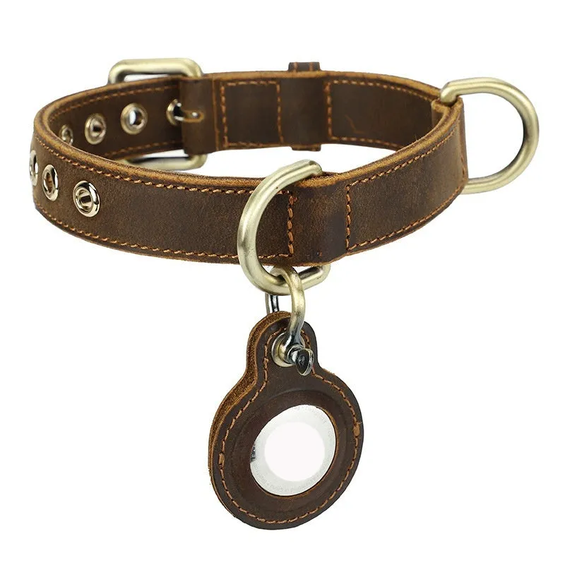 Brown retro style handmade genuine leather dog collar with halter positioning design