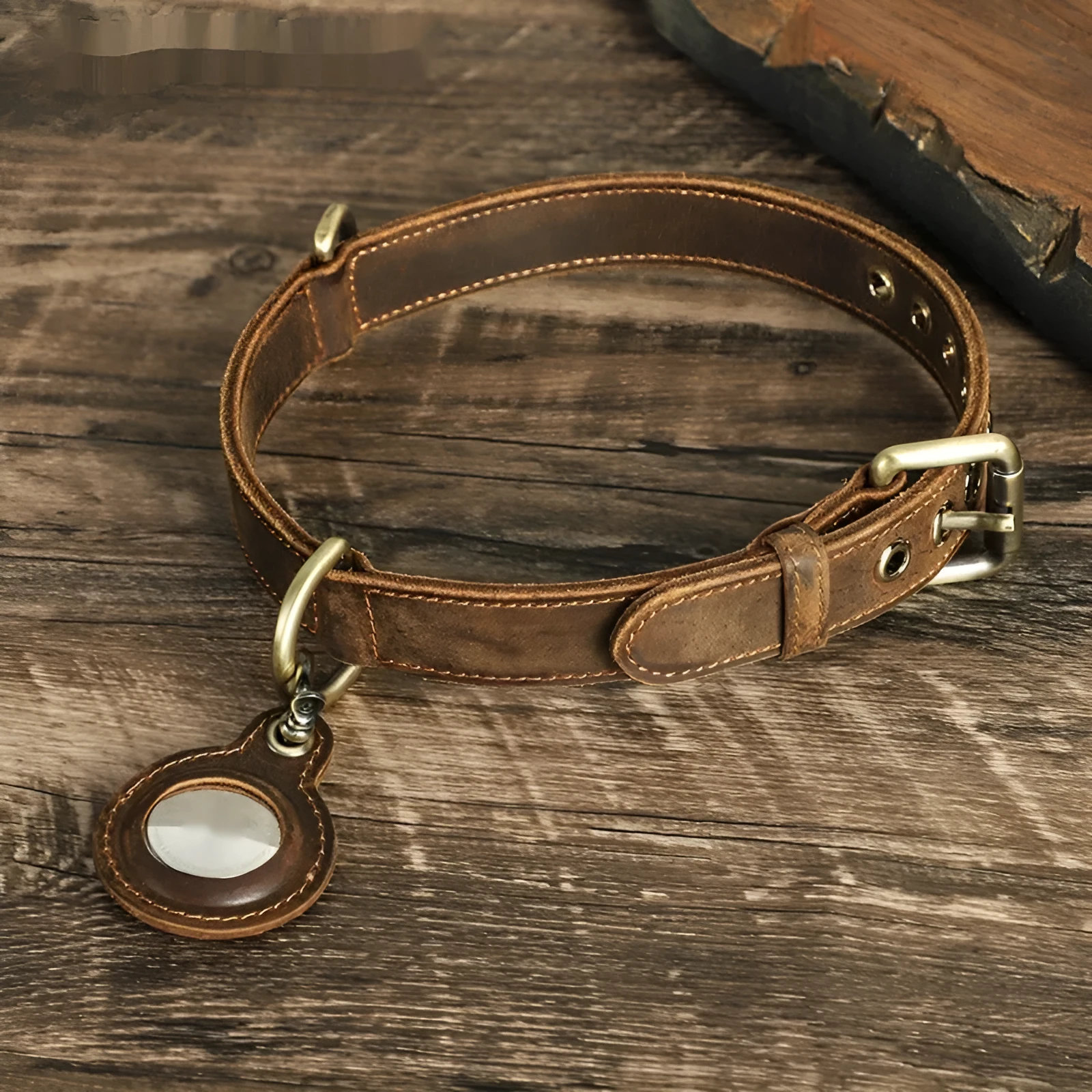 Brown retro style handmade genuine leather dog collar with halter positioning design