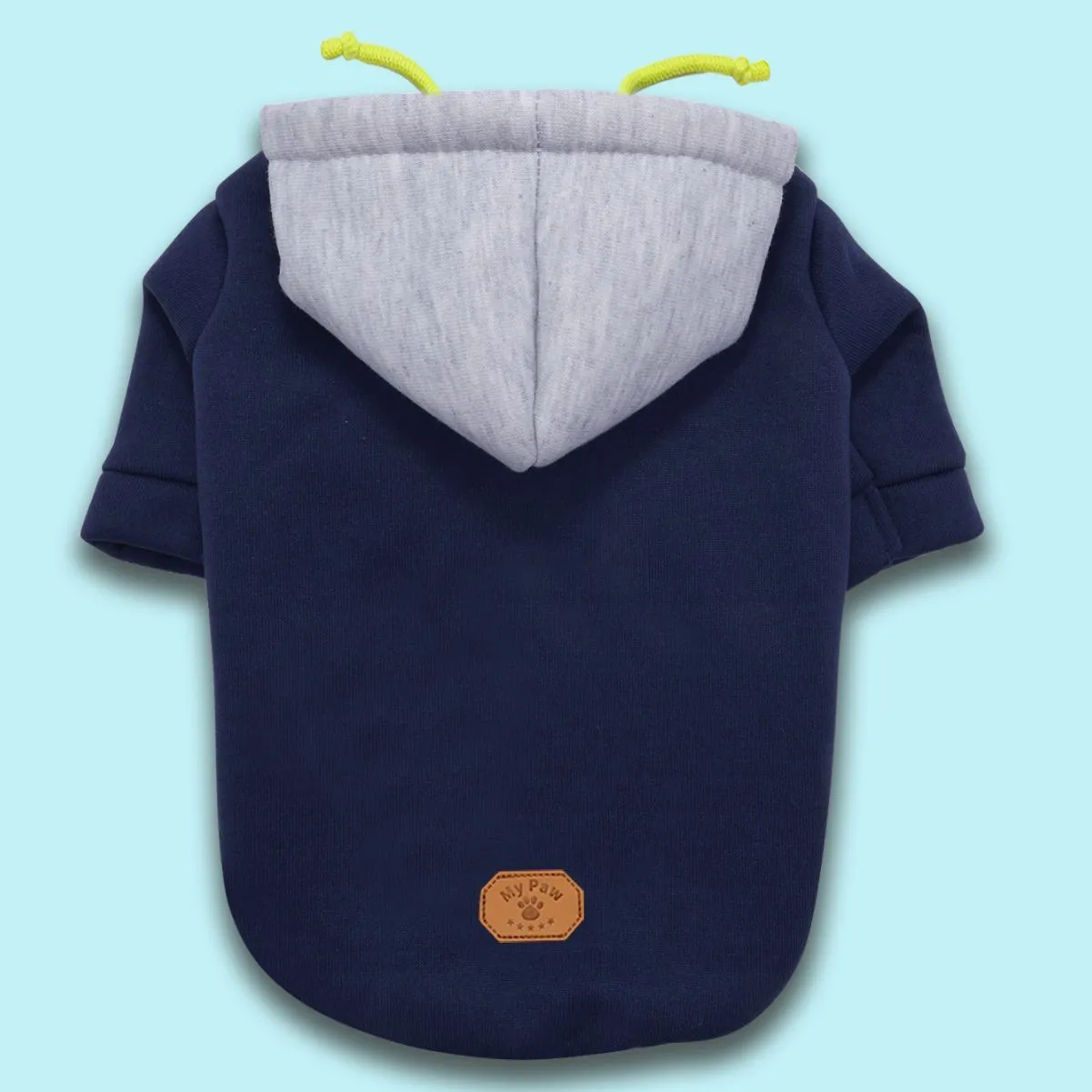 Dark red hooded pet pullover with contrasting colour panels, shown on dog model