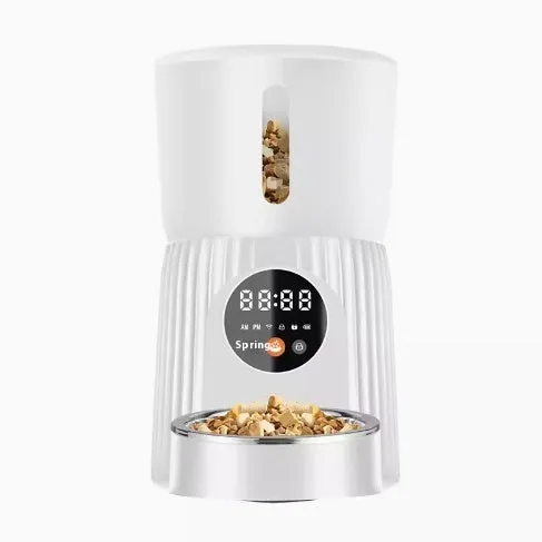 Black and white automatic intelligent pet feeder with USB cable for timed, portion-controlled feeding.