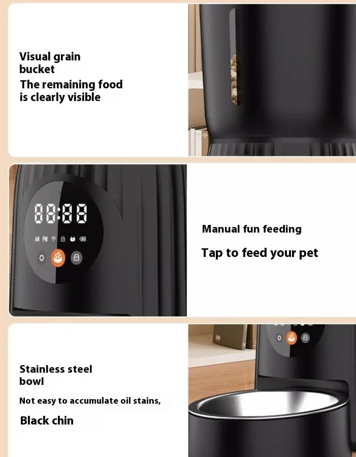 Black and white automatic intelligent pet feeder with USB cable for timed, portion-controlled feeding.