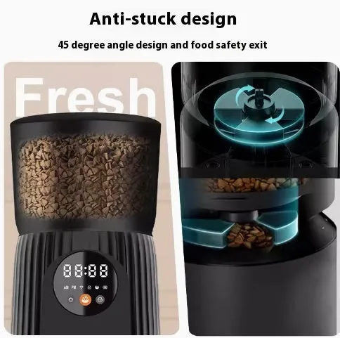 Black and white automatic intelligent pet feeder with USB cable for timed, portion-controlled feeding.