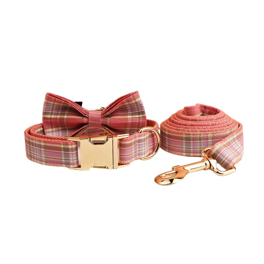 Plaid pattern dog collar and leash set with bow accessories in cloth material