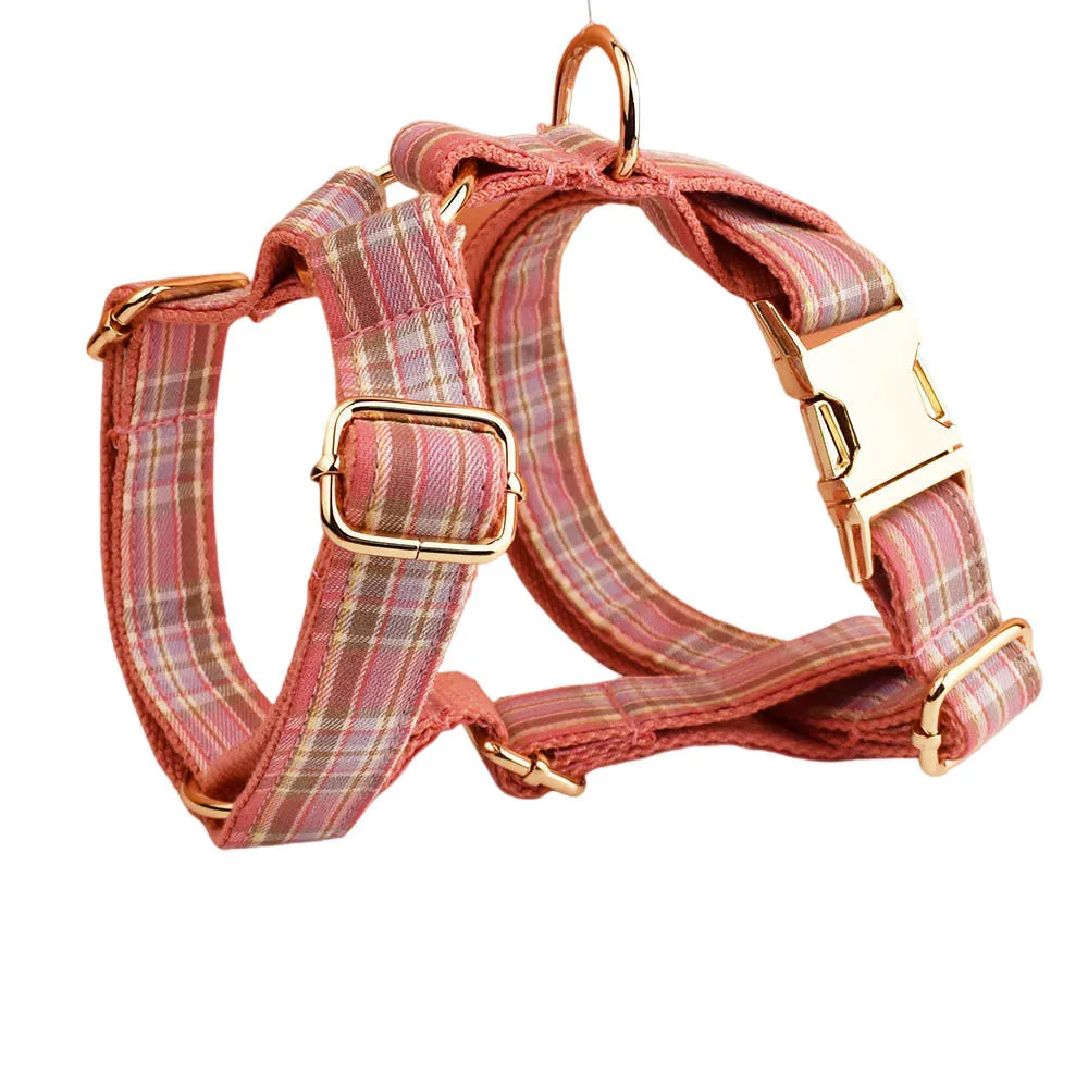 Plaid pattern dog collar and leash set with bow accessories in cloth material