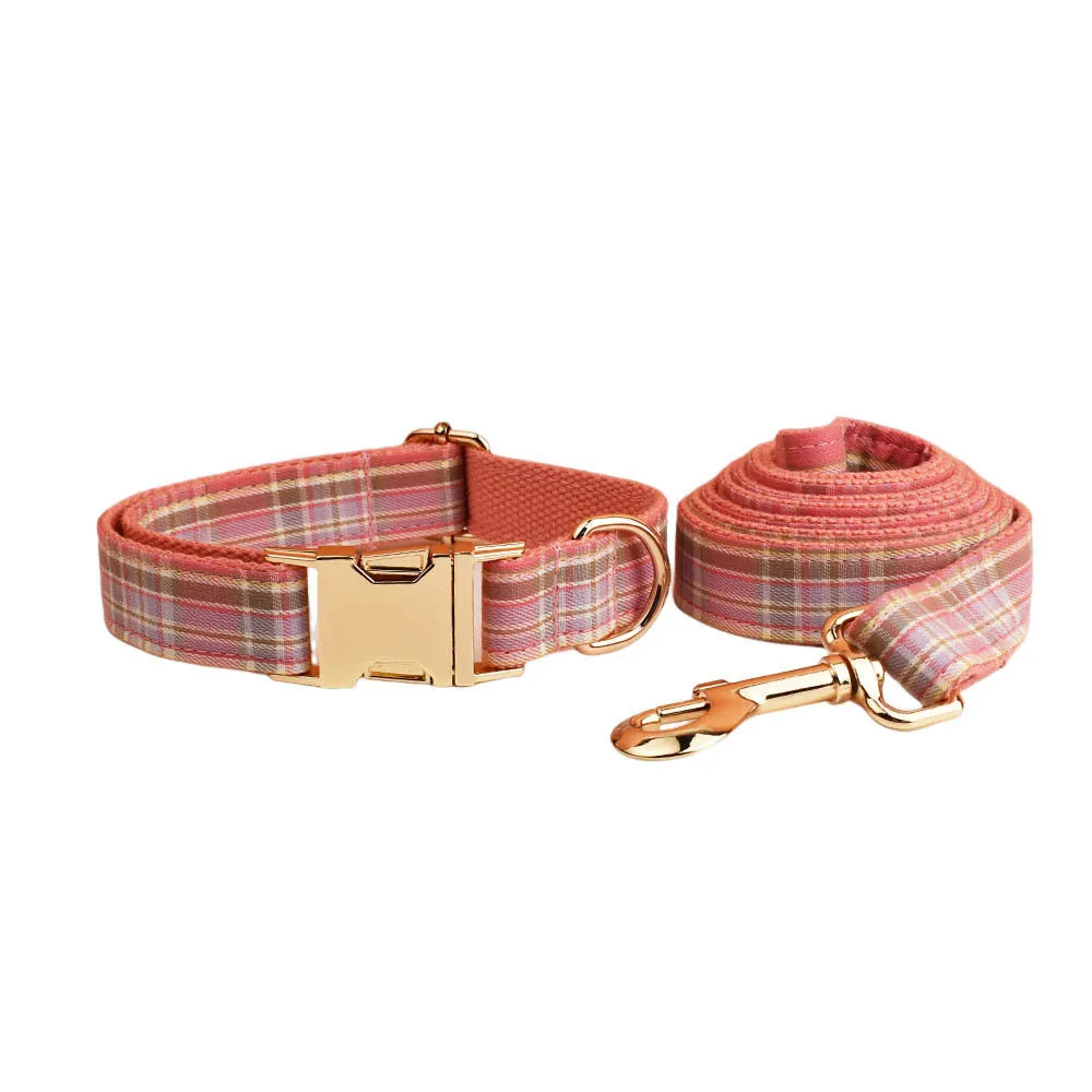 Plaid pattern dog collar and leash set with bow accessories in cloth material