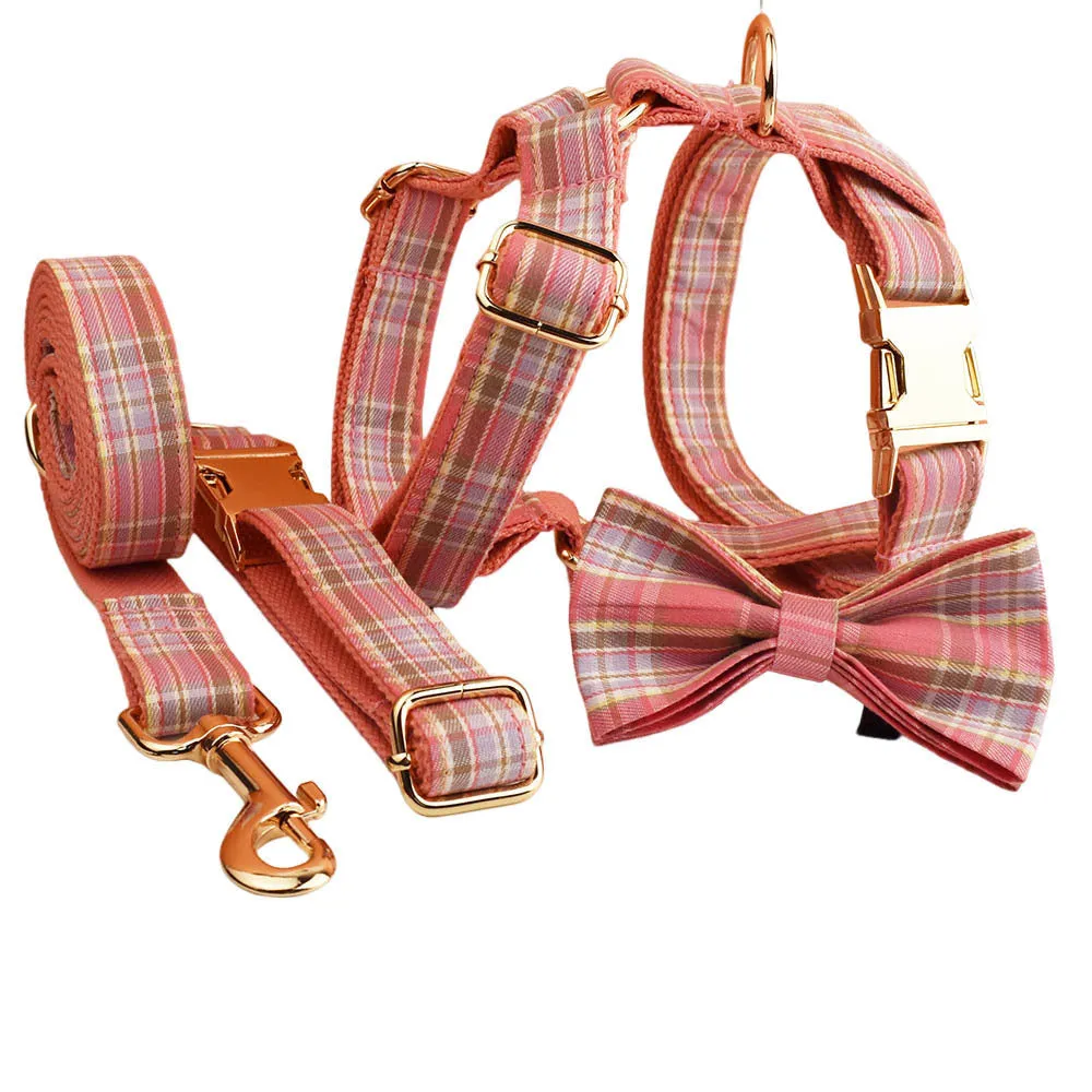 Plaid pattern dog collar and leash set with bow accessories in cloth material