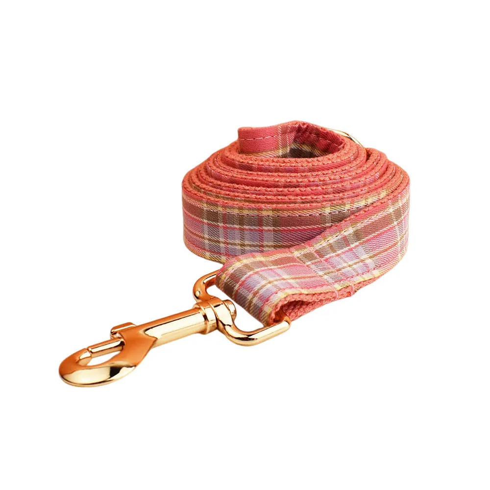 Plaid pattern dog collar and leash set with bow accessories in cloth material