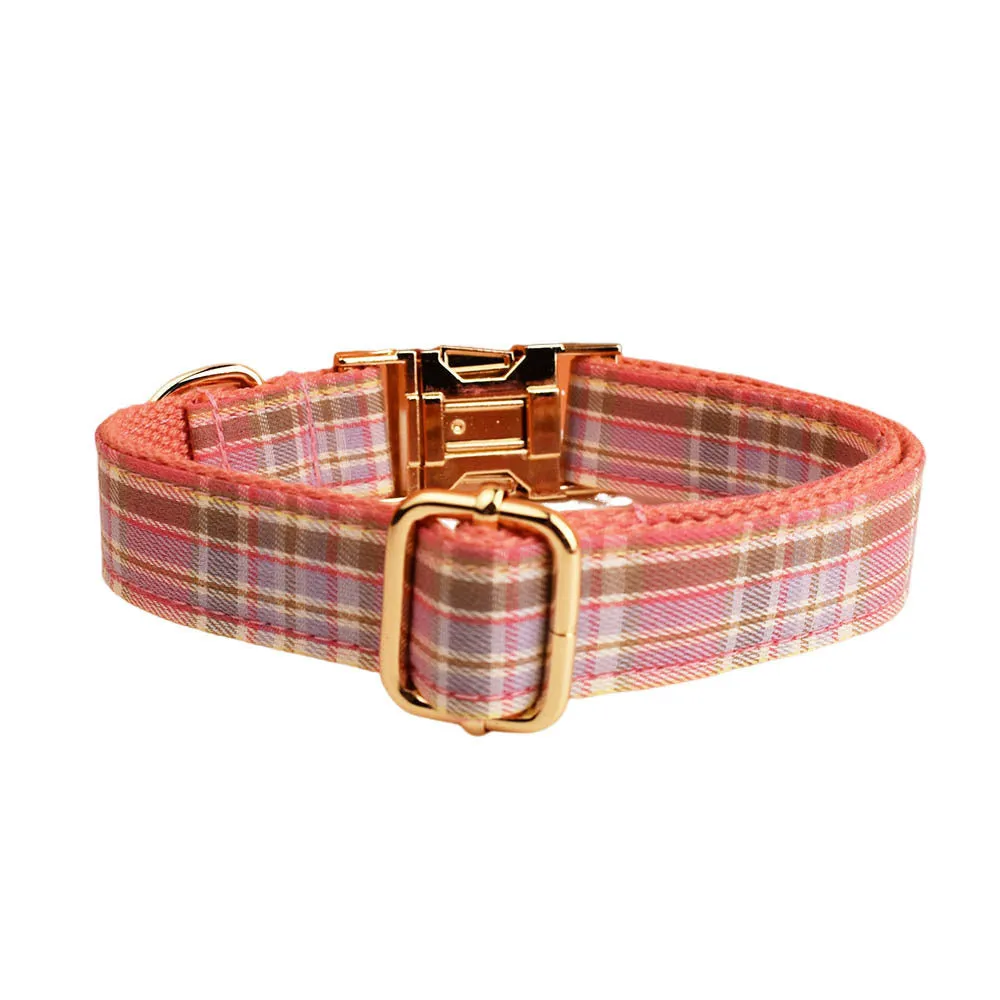 Plaid pattern dog collar and leash set with bow accessories in cloth material
