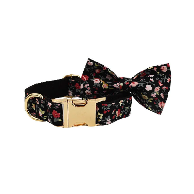 Dog wearing a cloth collar with removable bow, matching vest, and leash from the four-piece pet accessory set