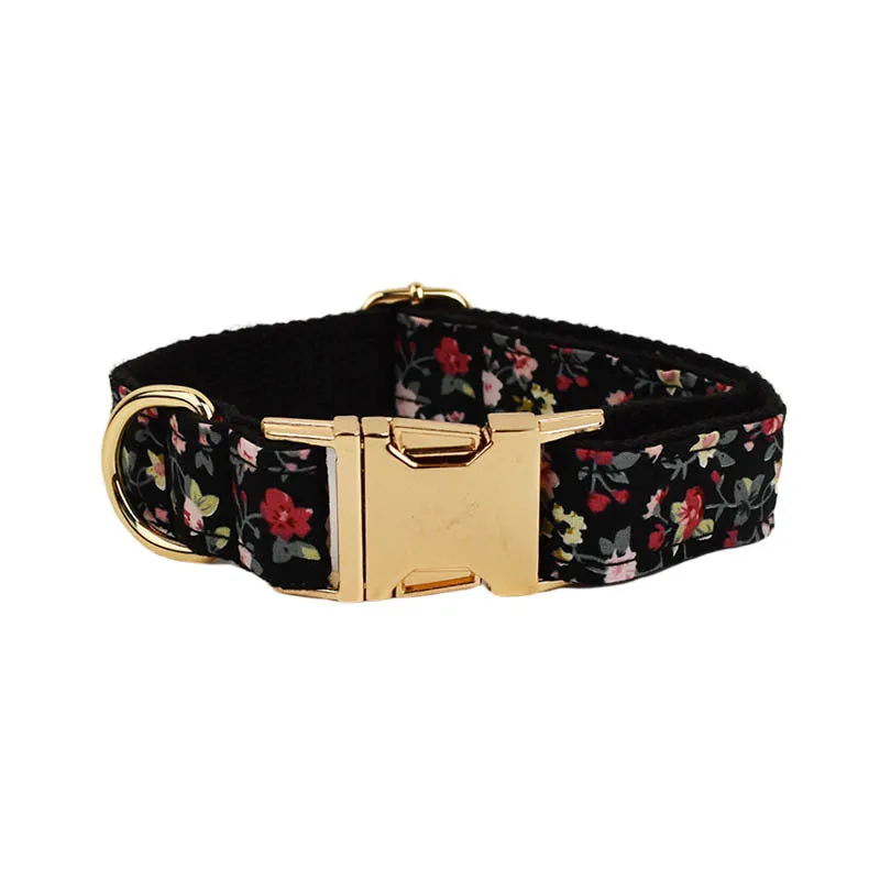 Dog wearing a cloth collar with removable bow, matching vest, and leash from the four-piece pet accessory set