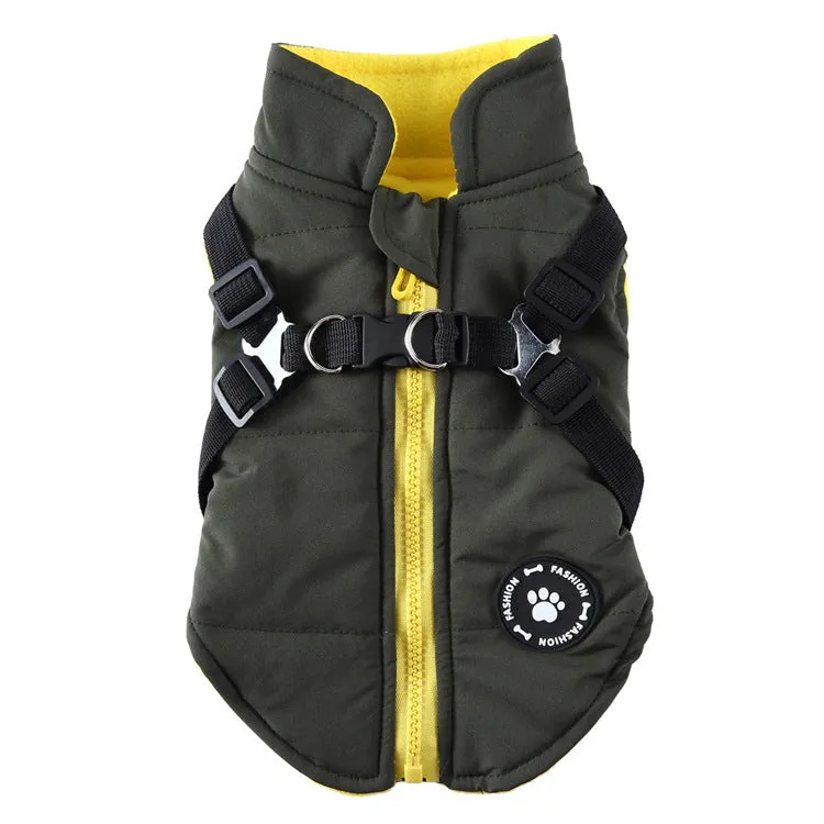Polyester chest strap dog jacket with cotton padding in black, blue, green, or red