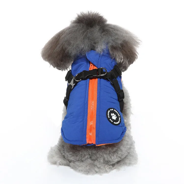 Polyester chest strap dog jacket with cotton padding in black, blue, green, or red