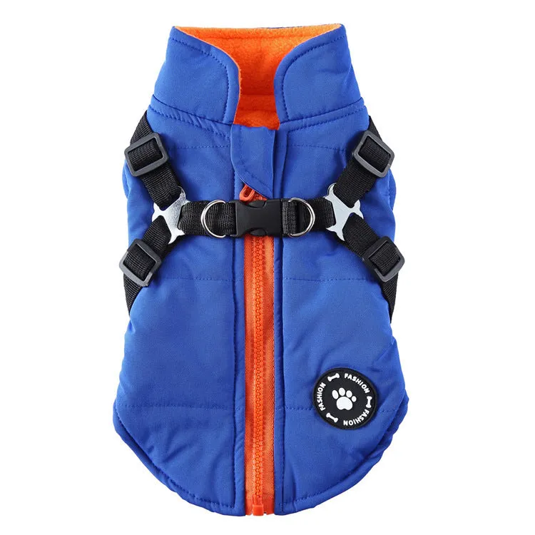 Polyester chest strap dog jacket with cotton padding in black, blue, green, or red