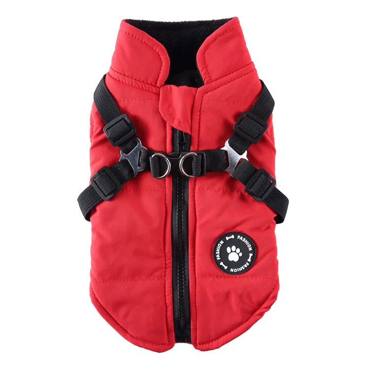 Polyester chest strap dog jacket with cotton padding in black, blue, green, or red