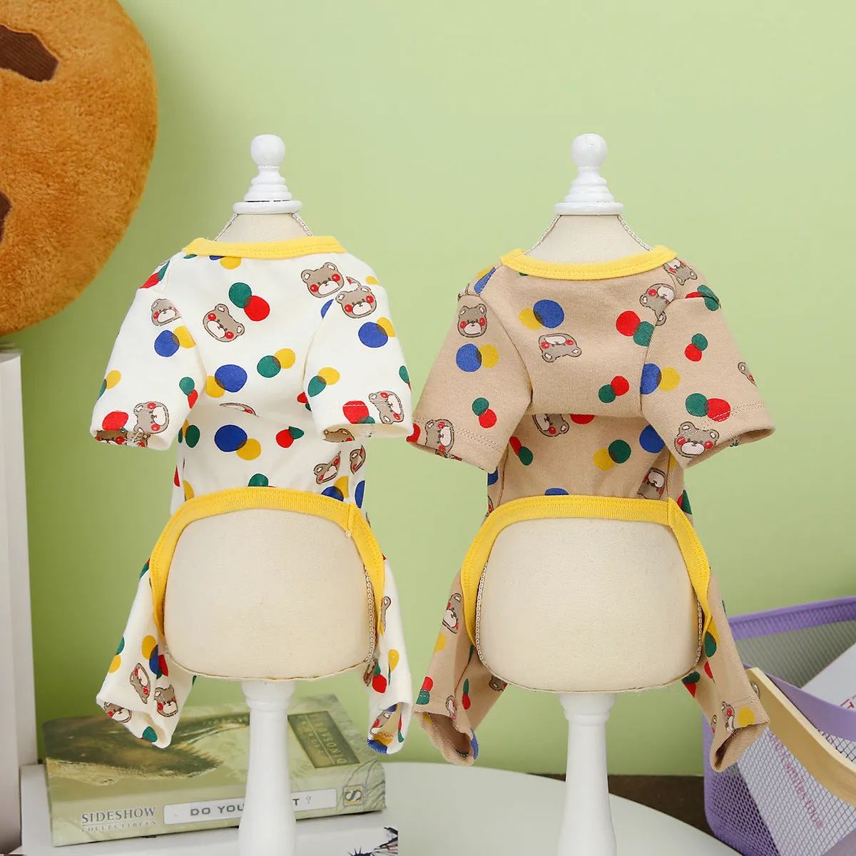 Beige dog jumper with colourful ball bear pattern, showing casual cotton spandex construction.