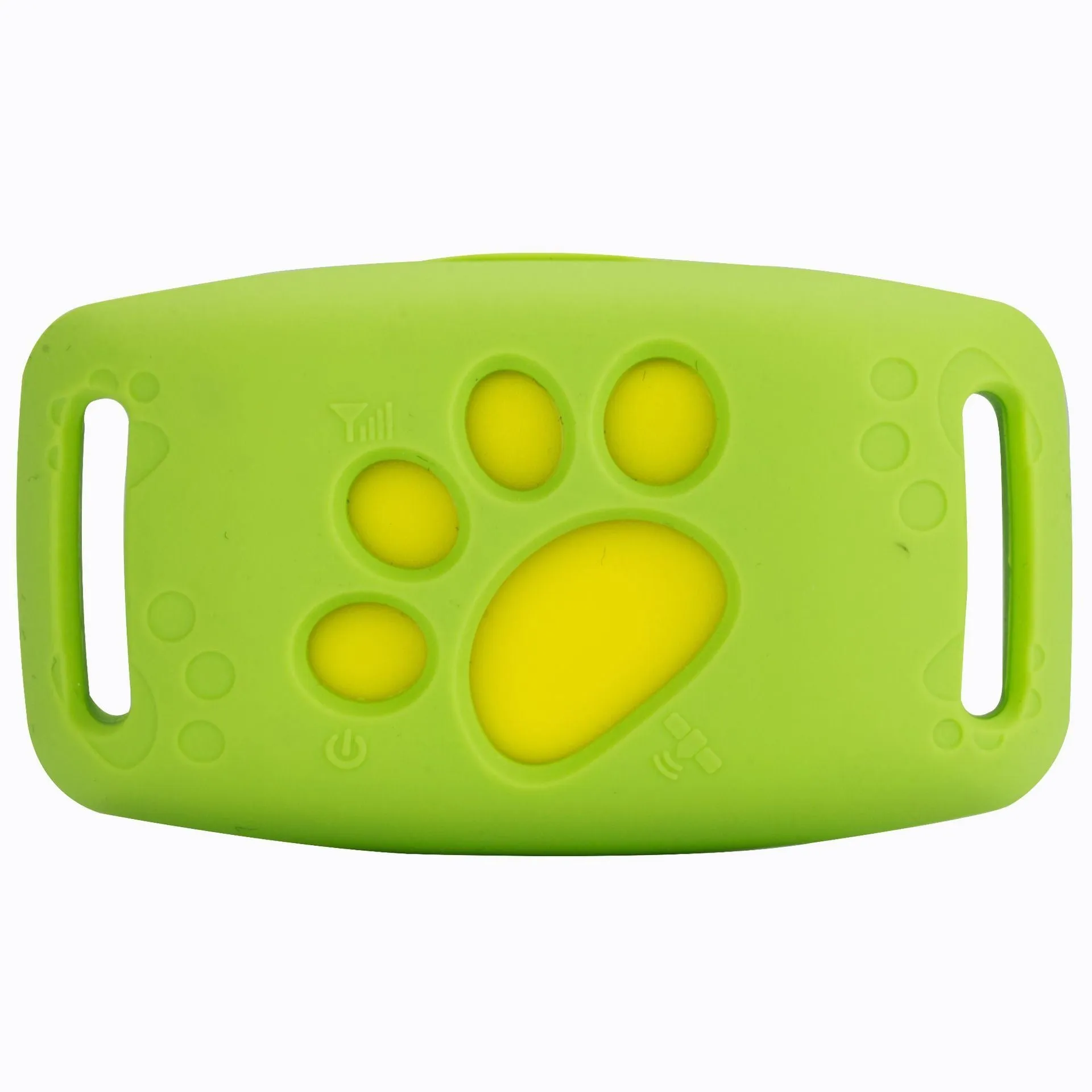 Black waterproof GPS pet tracker device showing dimensions next to a dog collar.