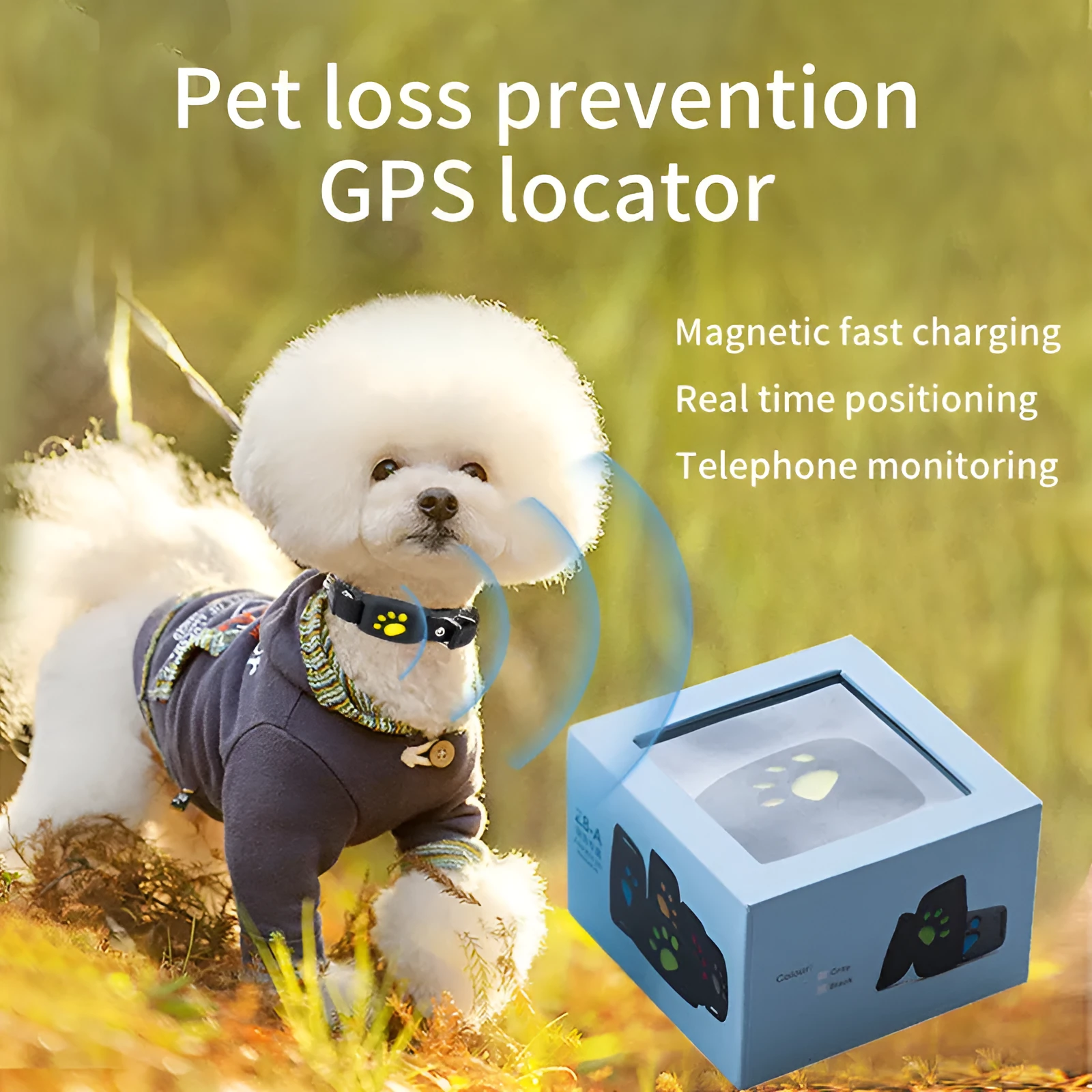 Black waterproof GPS pet tracker device showing dimensions next to a dog collar.