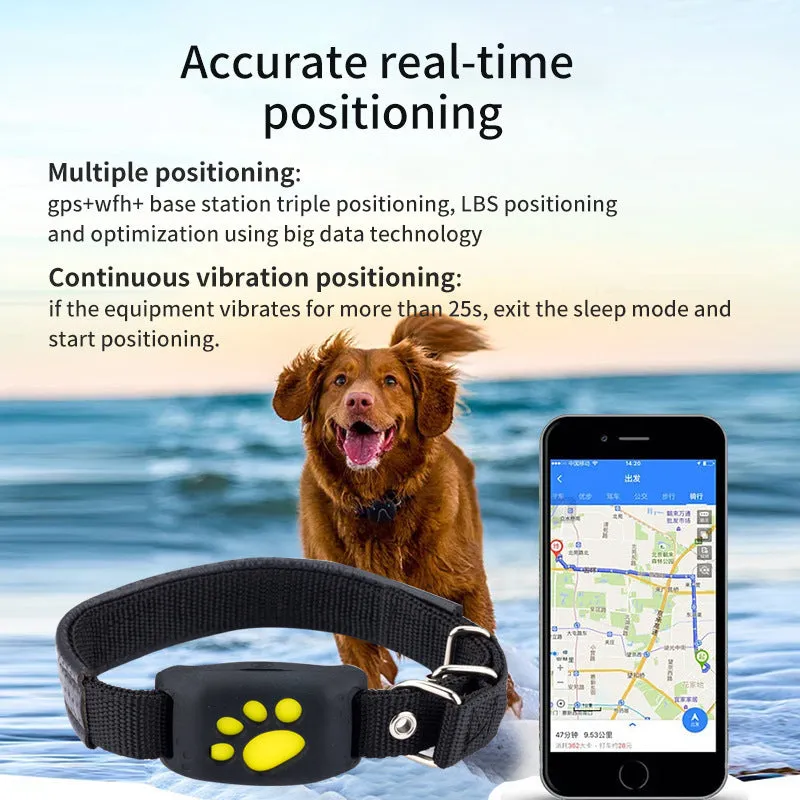 Black waterproof GPS pet tracker device showing dimensions next to a dog collar.