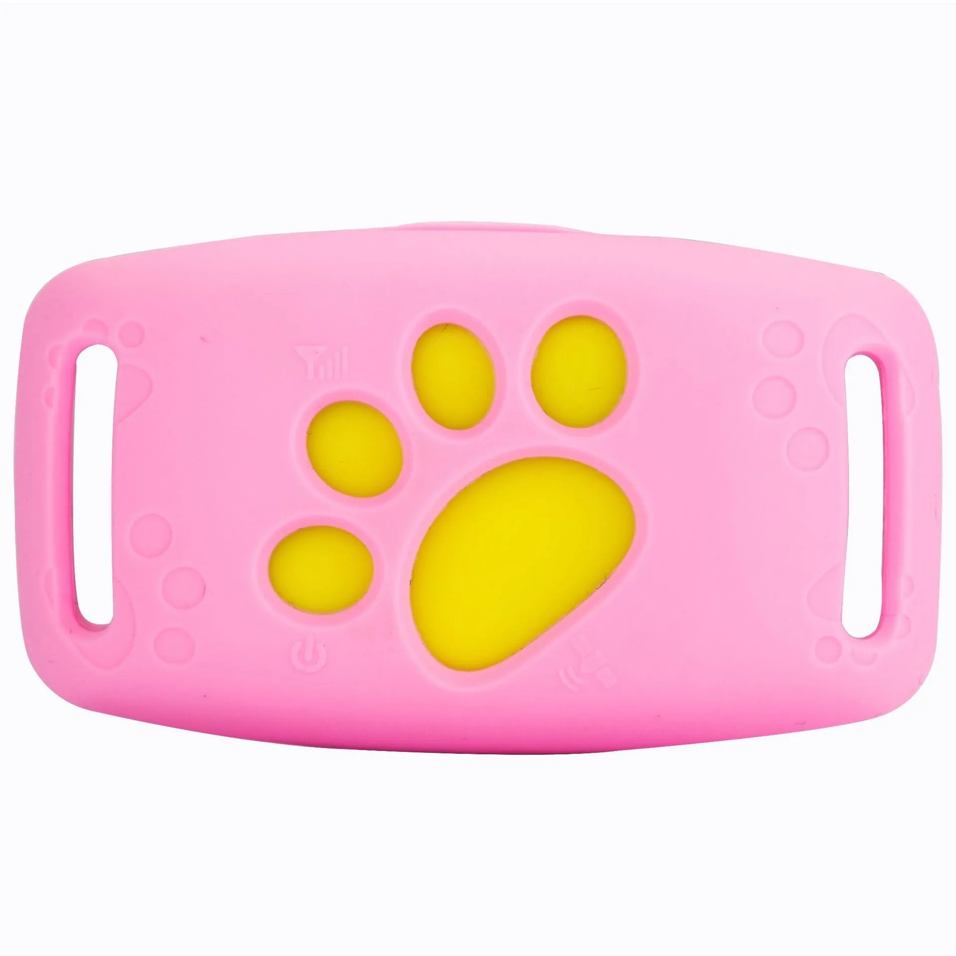 Black waterproof GPS pet tracker device showing dimensions next to a dog collar.