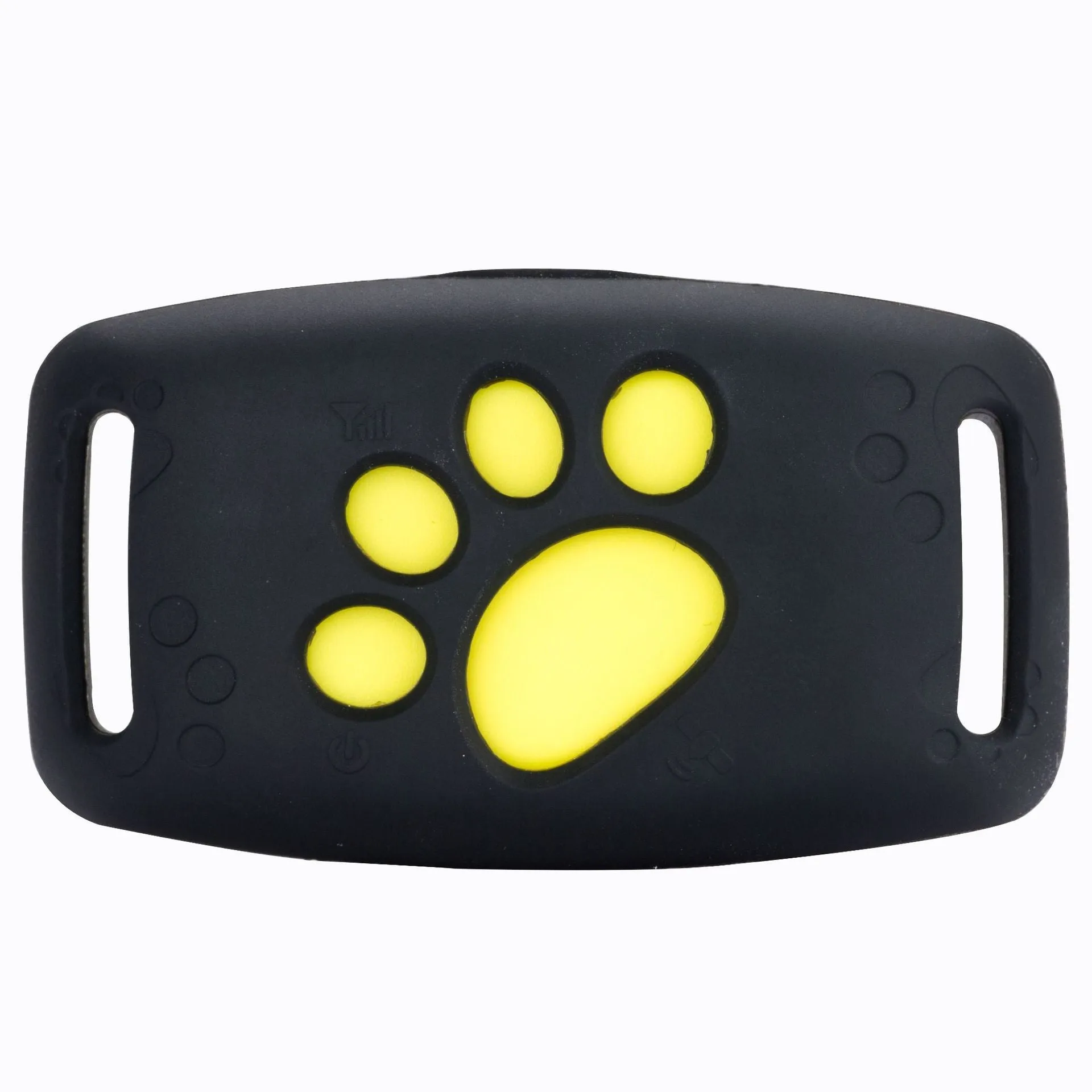 Black waterproof GPS pet tracker device showing dimensions next to a dog collar.