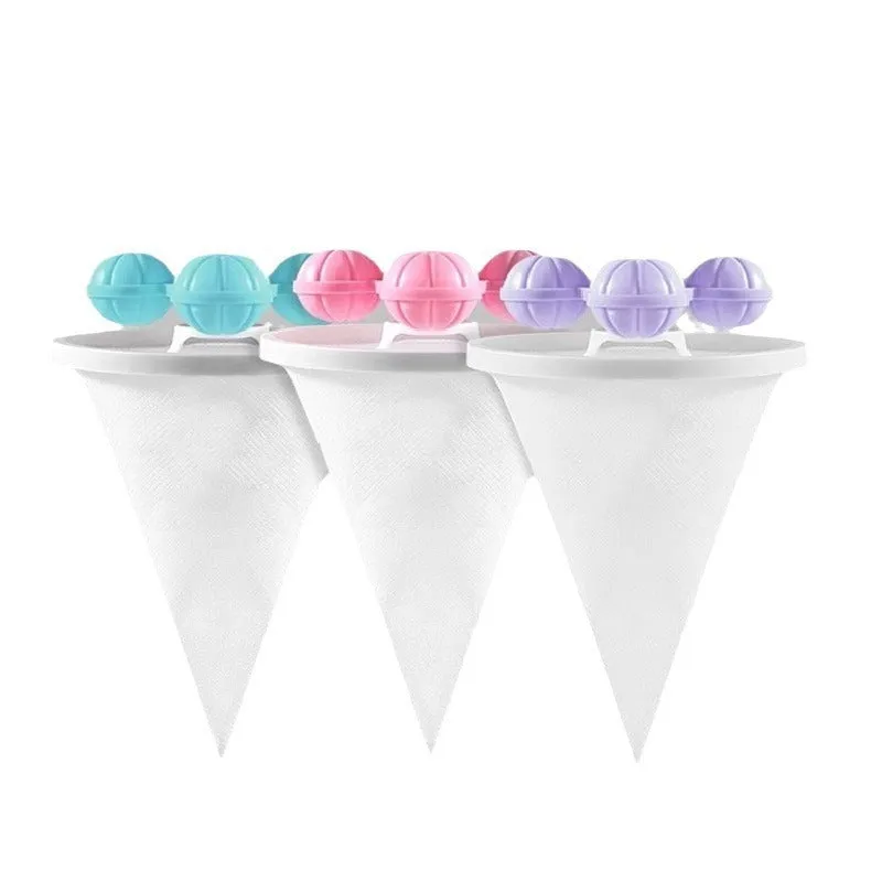 Three reusable washing machine hair filter bags in pink, blue and purple colours showing mesh construction