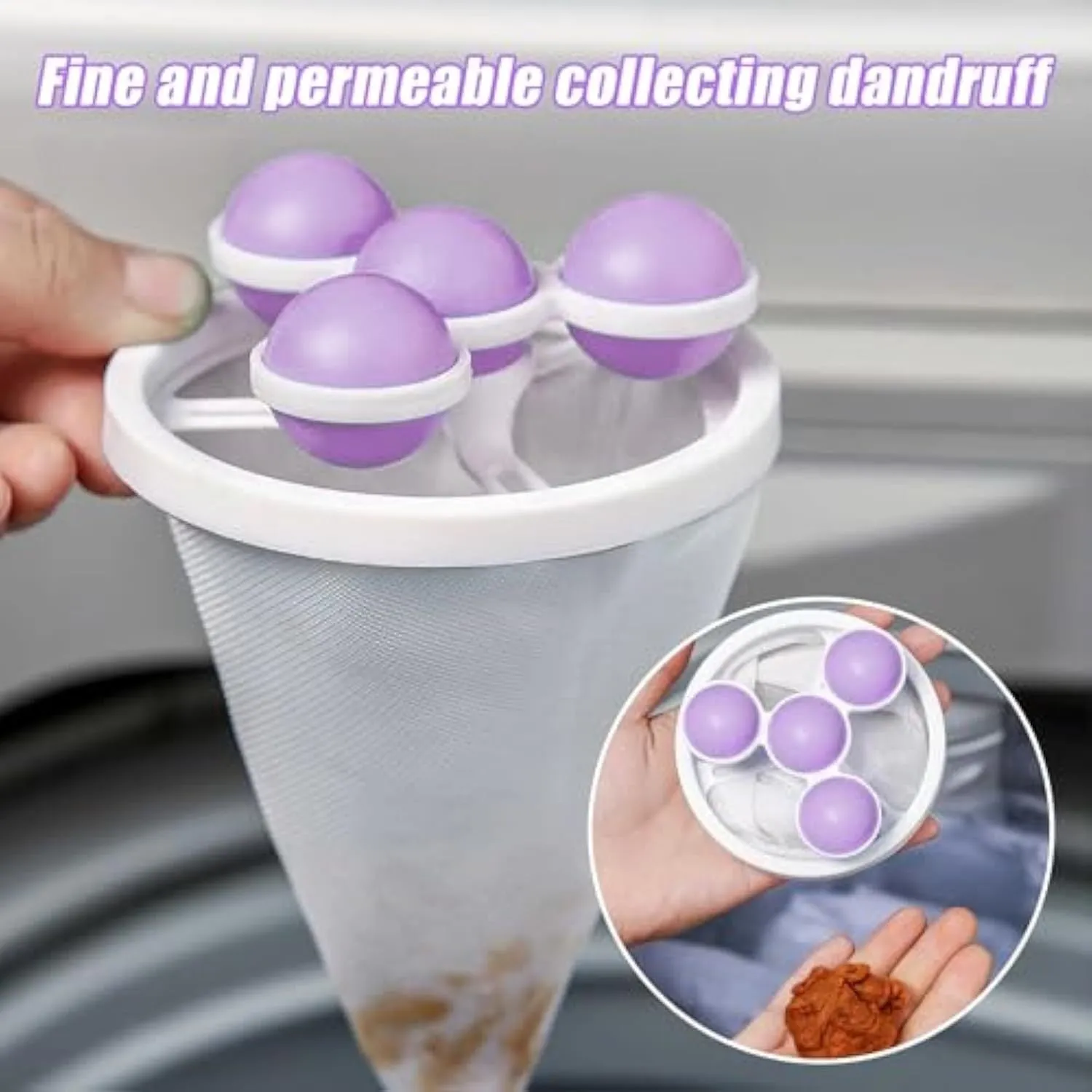 Three reusable washing machine hair filter bags in pink, blue and purple colours showing mesh construction