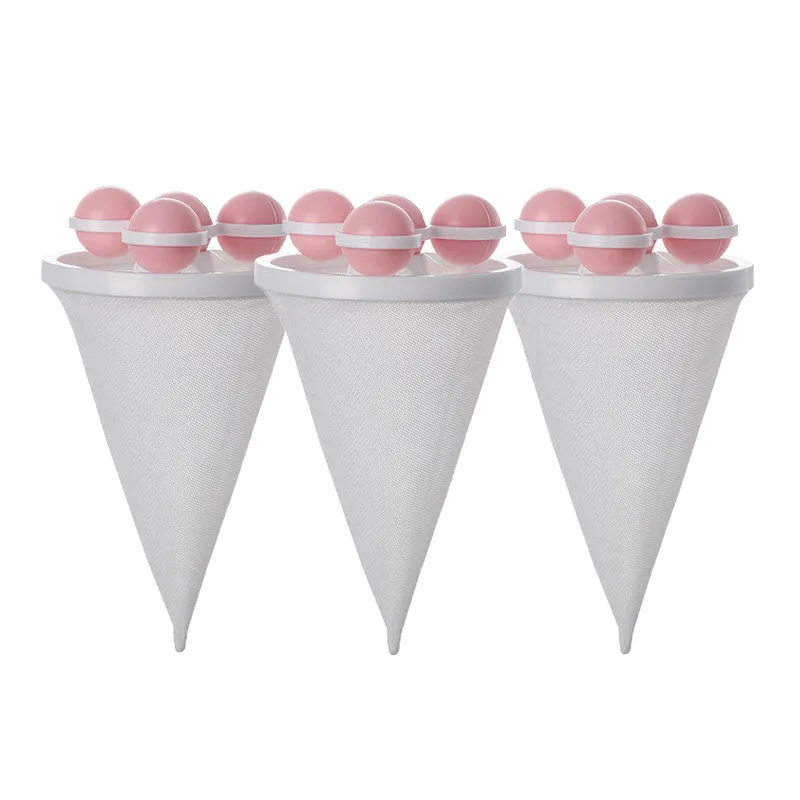 Three reusable washing machine hair filter bags in pink, blue and purple colours showing mesh construction