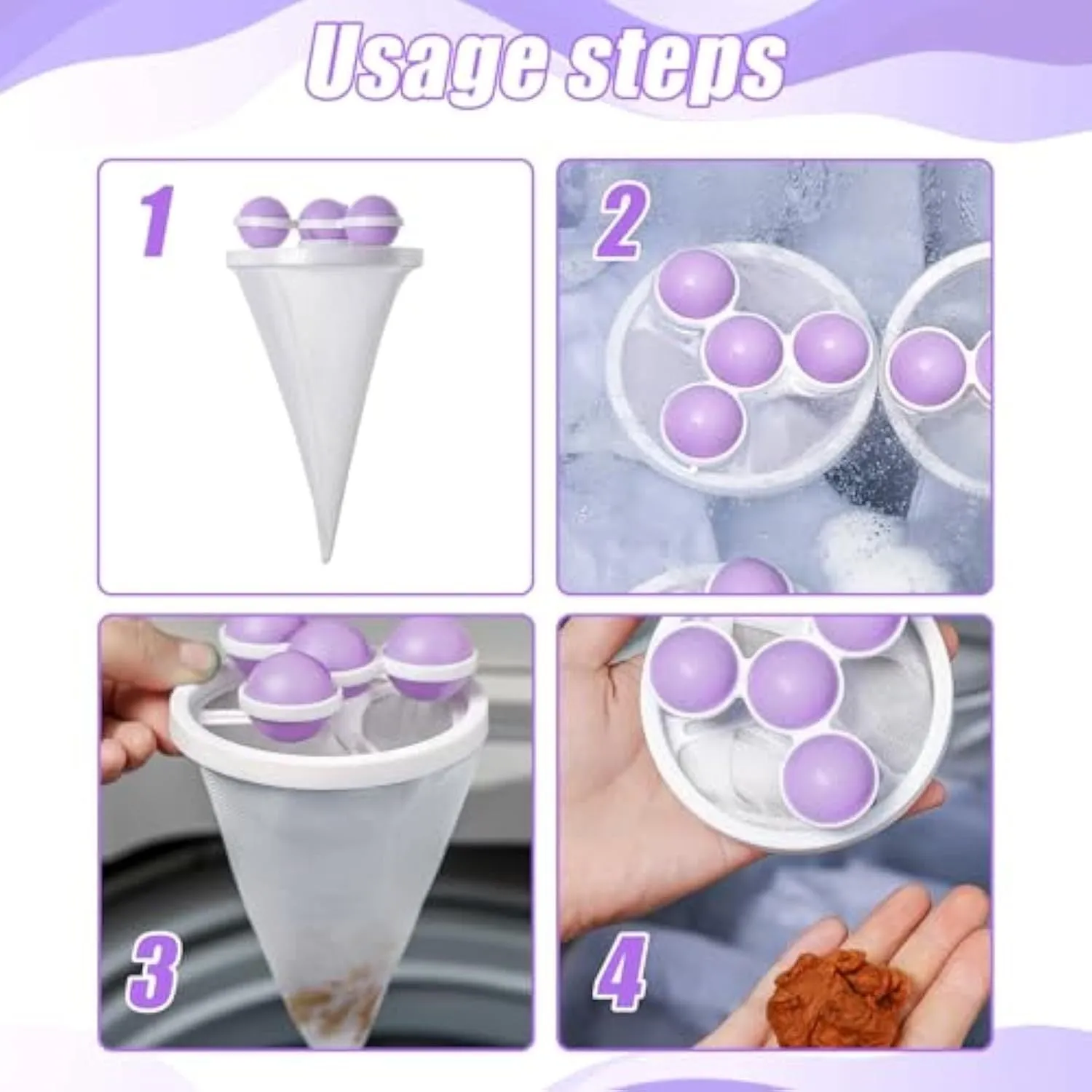 Three reusable washing machine hair filter bags in pink, blue and purple colours showing mesh construction