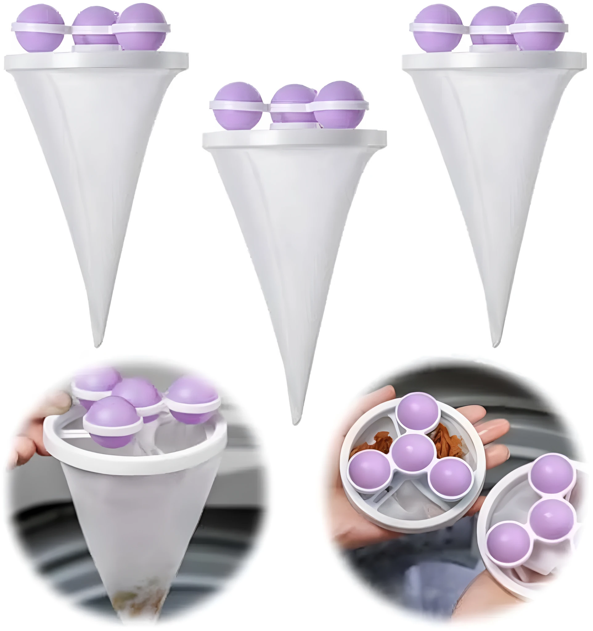 Three reusable washing machine hair filter bags in pink, blue and purple colours showing mesh construction