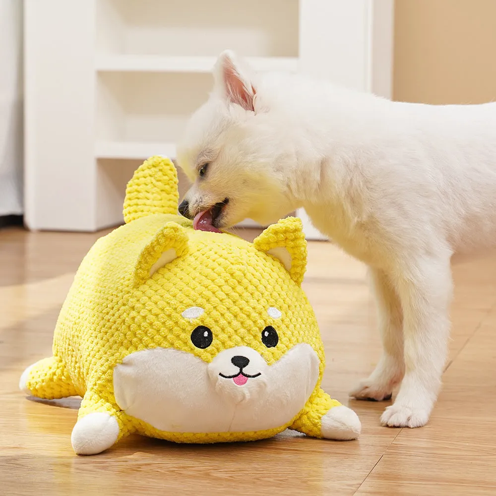 Plush calming dog toy shaped like a pillow, shown in a Large and Medium size.