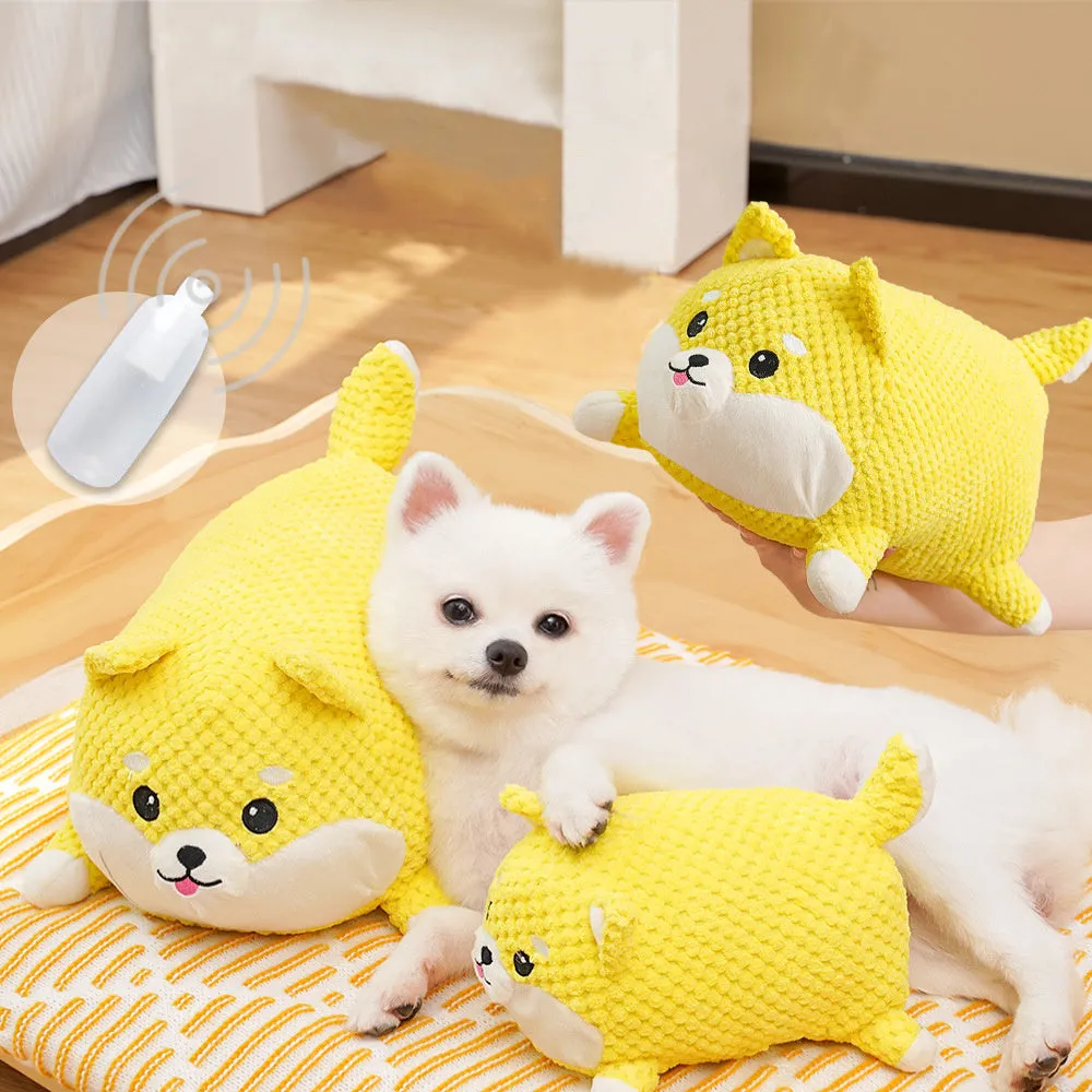 Plush calming dog toy shaped like a pillow, shown in a Large and Medium size.