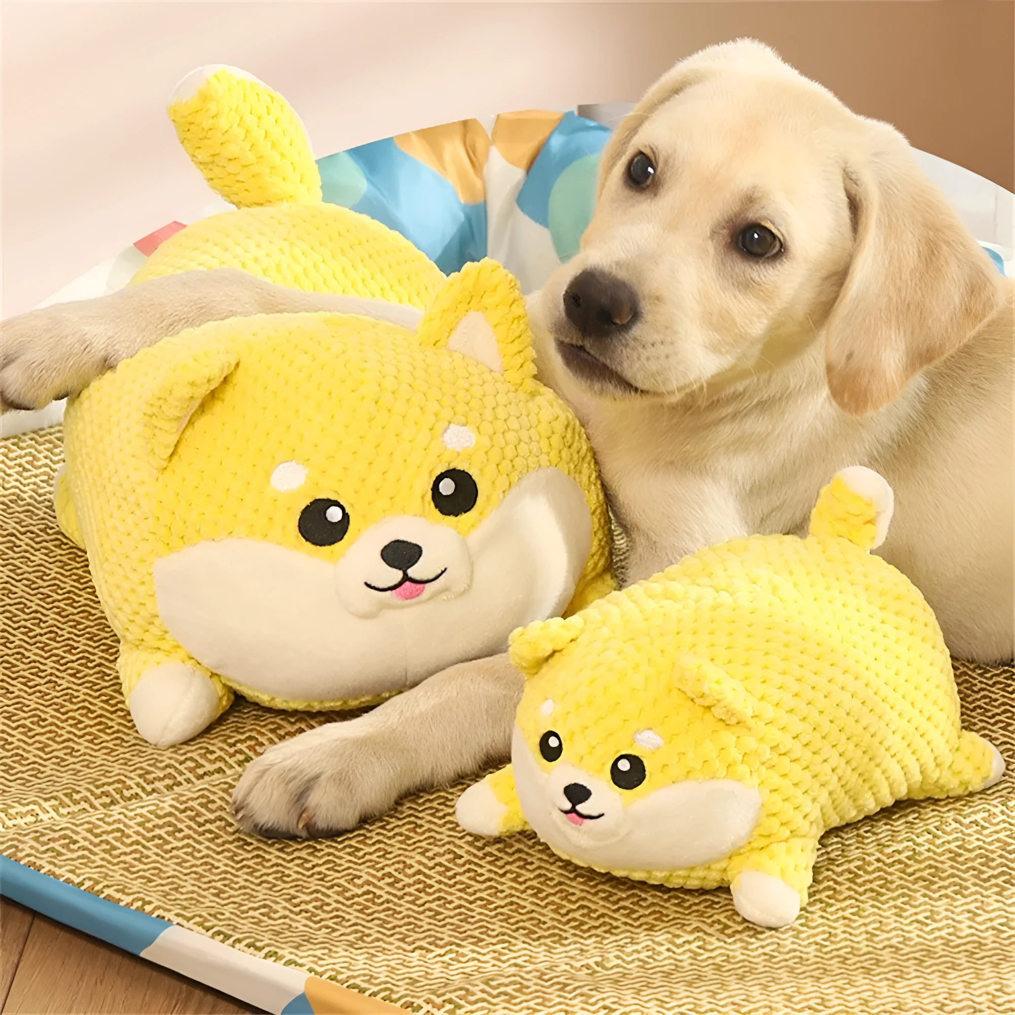 Plush calming dog toy shaped like a pillow, shown in a Large and Medium size.