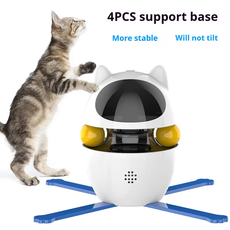 White automatic interactive cat toy with a self-retracting elastic rope stick on a plastic base.