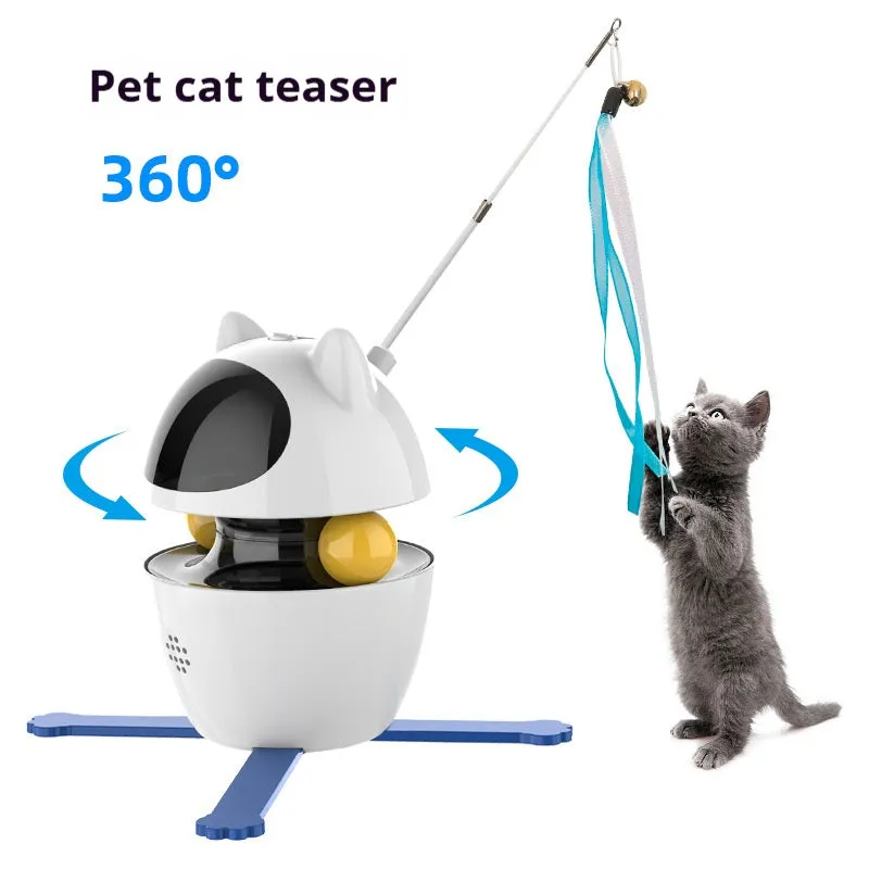 White automatic interactive cat toy with a self-retracting elastic rope stick on a plastic base.