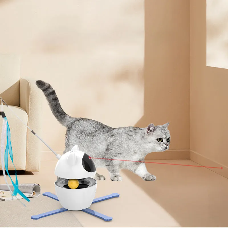 White automatic interactive cat toy with a self-retracting elastic rope stick on a plastic base.