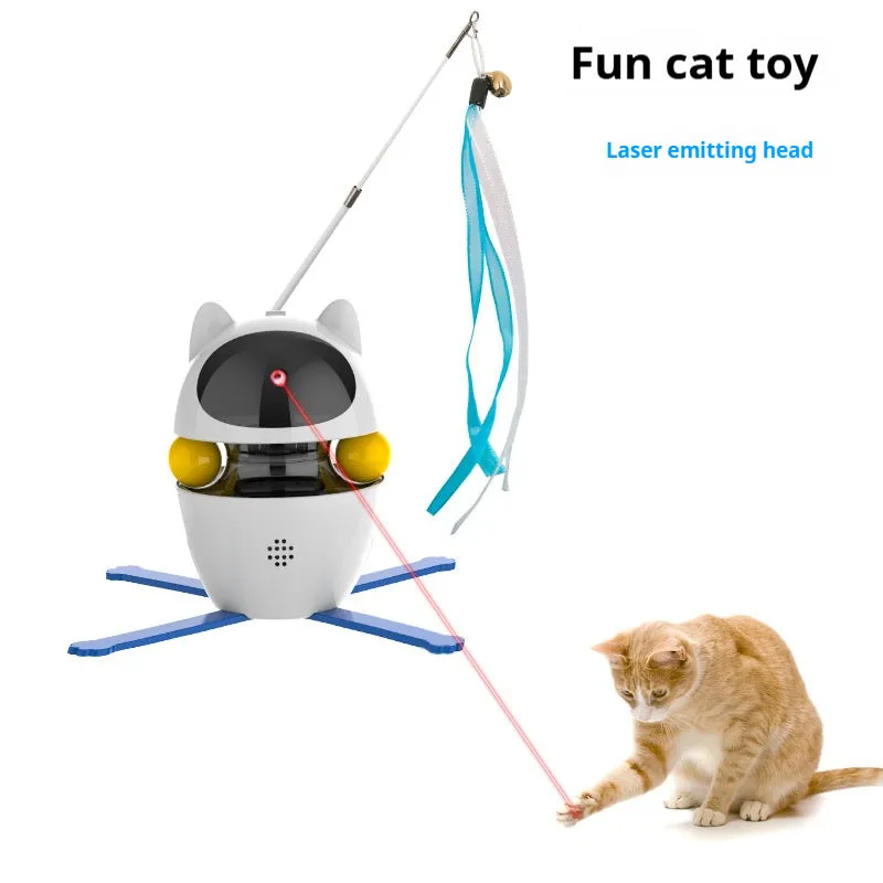 White automatic interactive cat toy with a self-retracting elastic rope stick on a plastic base.