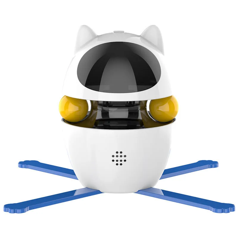 White automatic interactive cat toy with a self-retracting elastic rope stick on a plastic base.