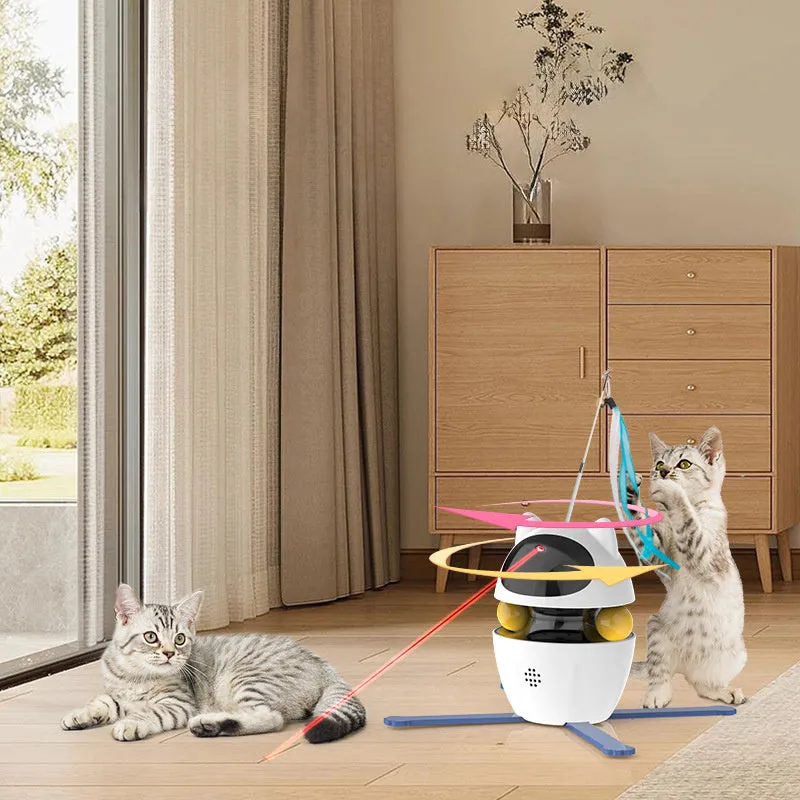 White automatic interactive cat toy with a self-retracting elastic rope stick on a plastic base.