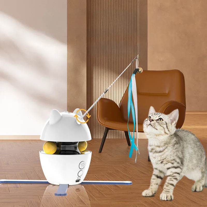 White automatic interactive cat toy with a self-retracting elastic rope stick on a plastic base.