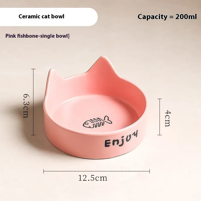 Porcelain cat food bowl with wooden anti-tumble frame in cat paw design