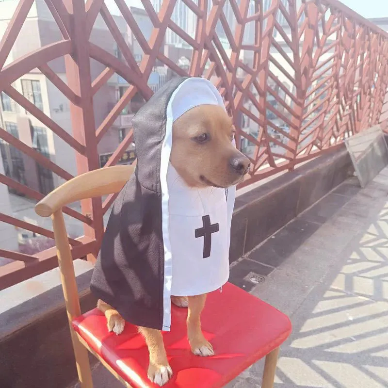 Black and white polyester nun costume cloak for a small dog on Halloween