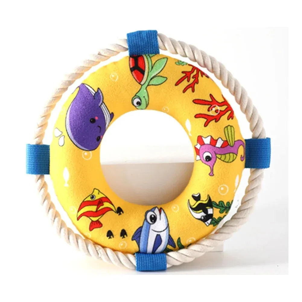 25 cm plush dog pull ring toy with squeaker in blue, red or yellow for puppies and small dogs