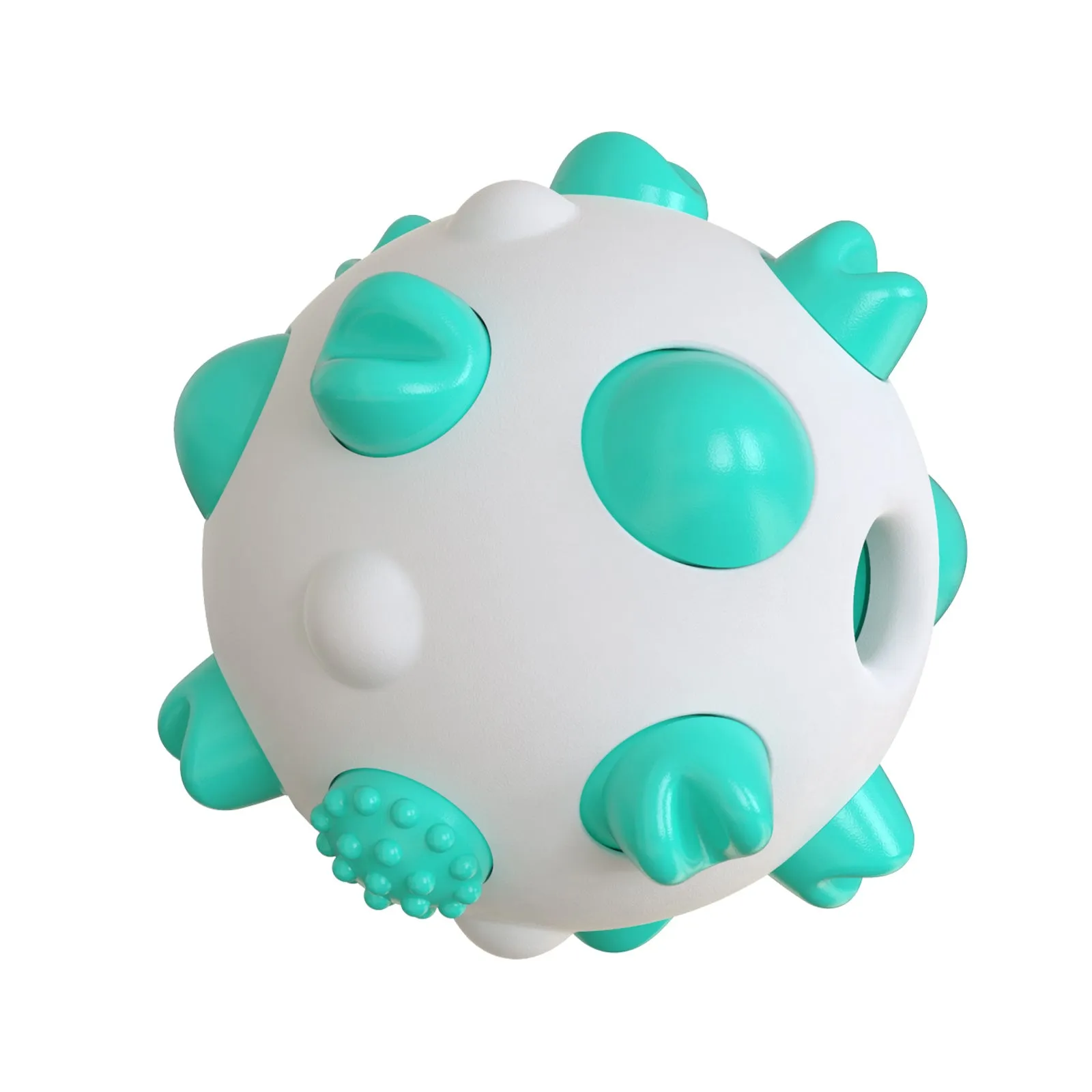 Blue green and yellow spherical dog chew toy with textured bumps and a hollow centre hole for treats.