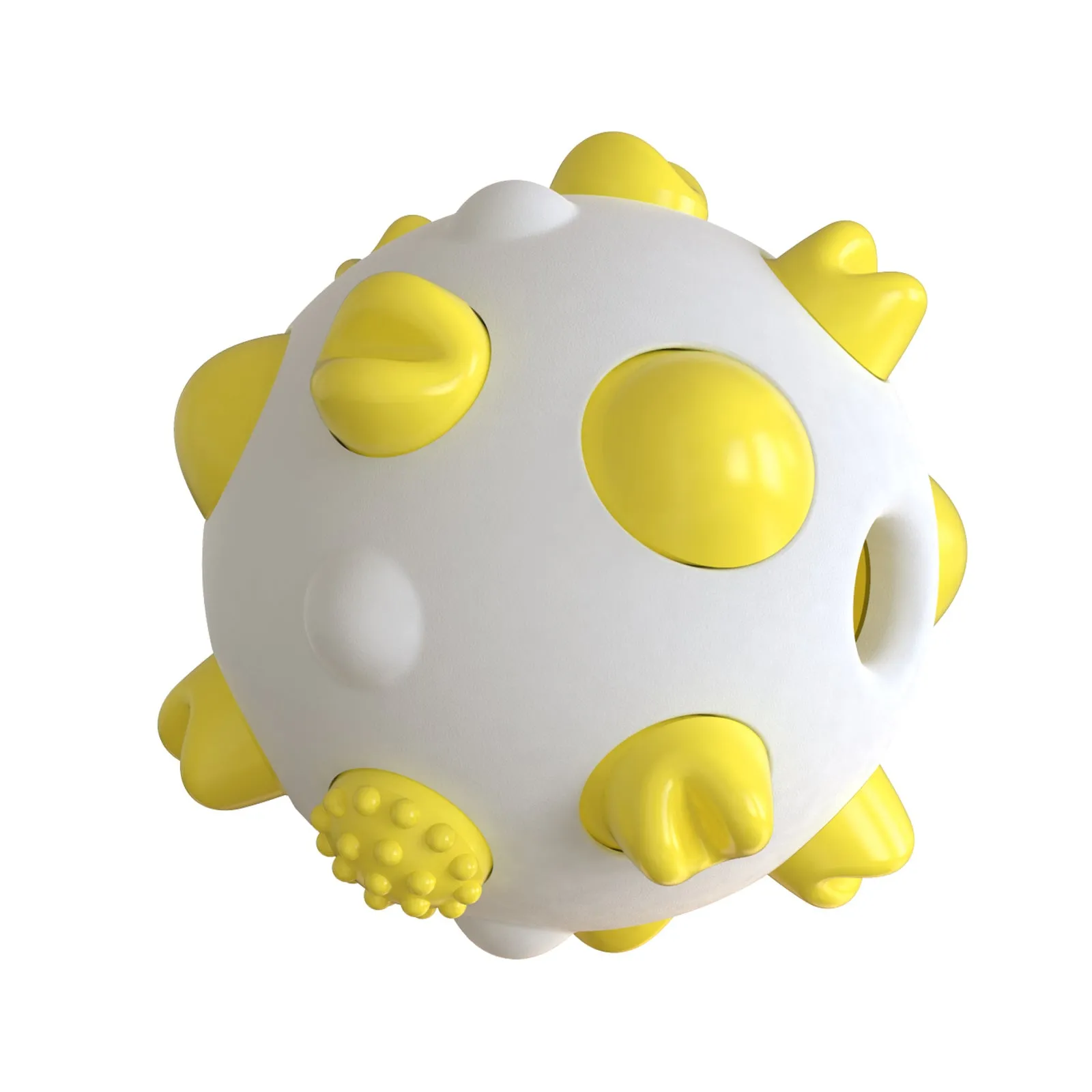 Blue green and yellow spherical dog chew toy with textured bumps and a hollow centre hole for treats.