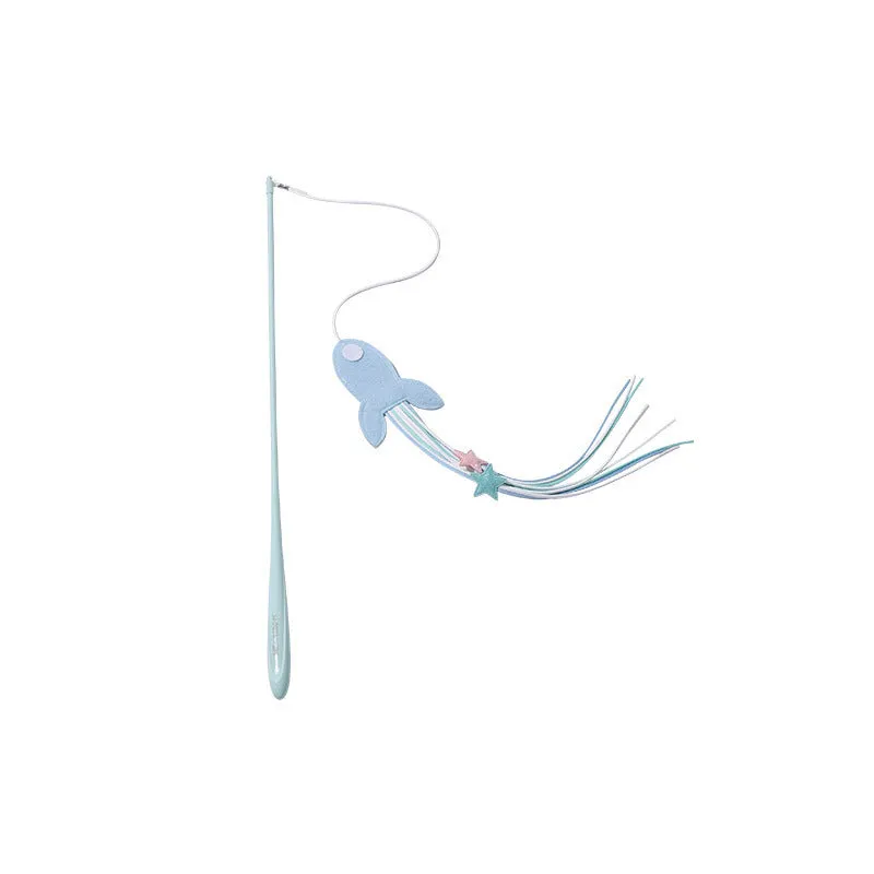Blue cat teaser toy with a long pole, inflatable ego shape, and colourful feathers.