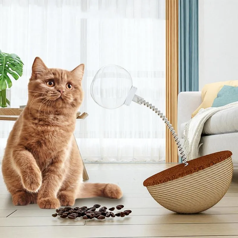 Auto-balancing cat food puzzle toy with slow feeder function in PP plastic and rope construction